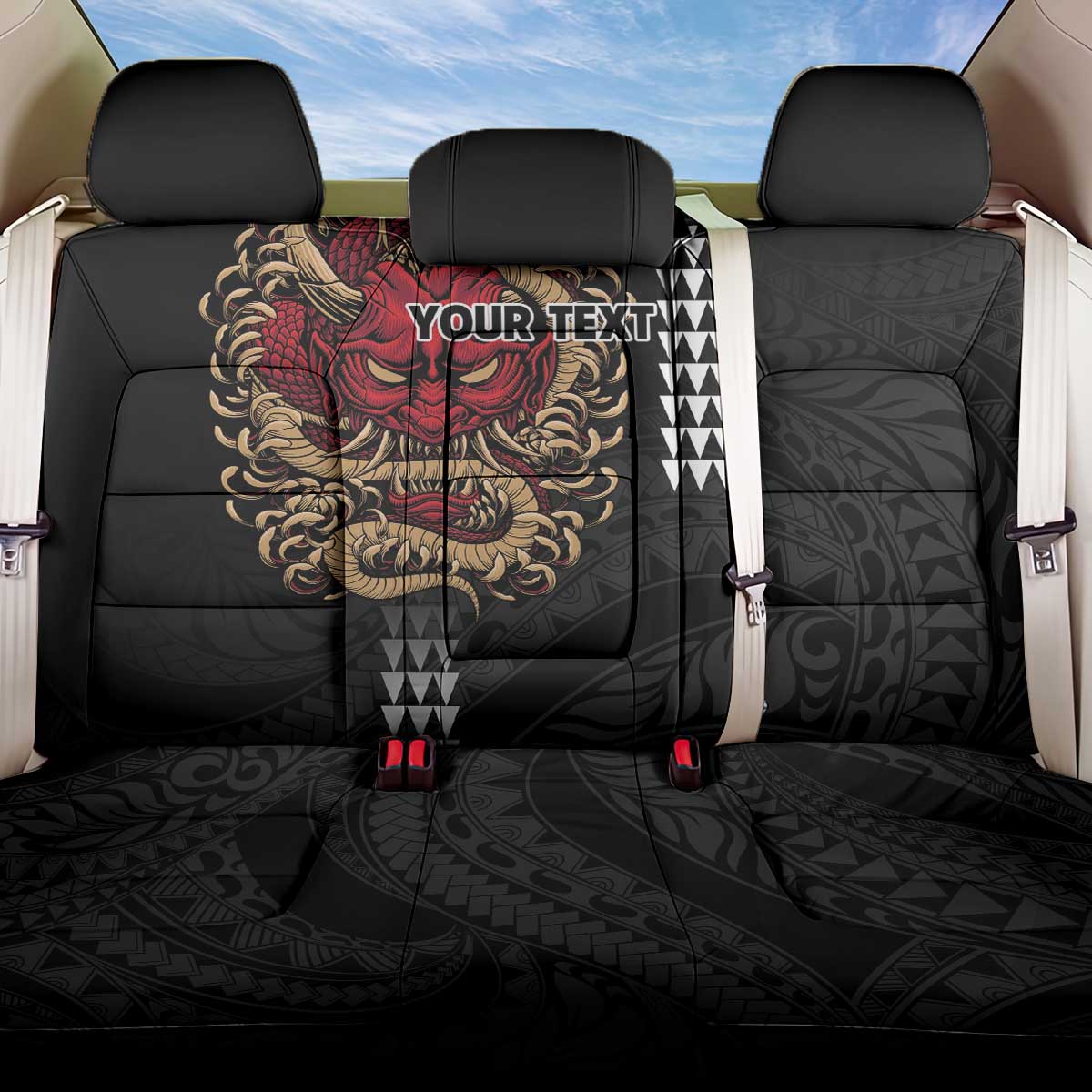 Hawaii and Japanese Oni Mask Personalised Back Car Seat Cover Kakau Pattern Dark Art Style