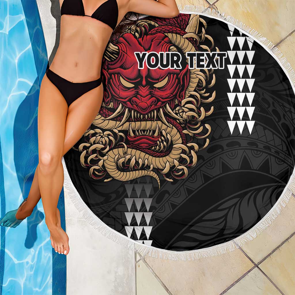 Hawaii and Japanese Oni Mask Personalised Beach Blanket Kakau Pattern Dark Art Style