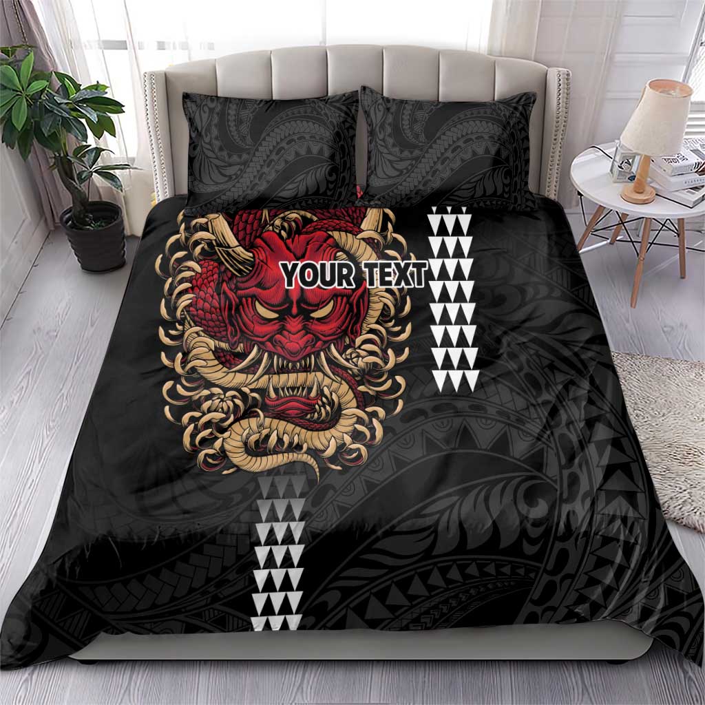 Hawaii and Japanese Oni Mask Personalised Bedding Set Kakau Pattern Dark Art Style