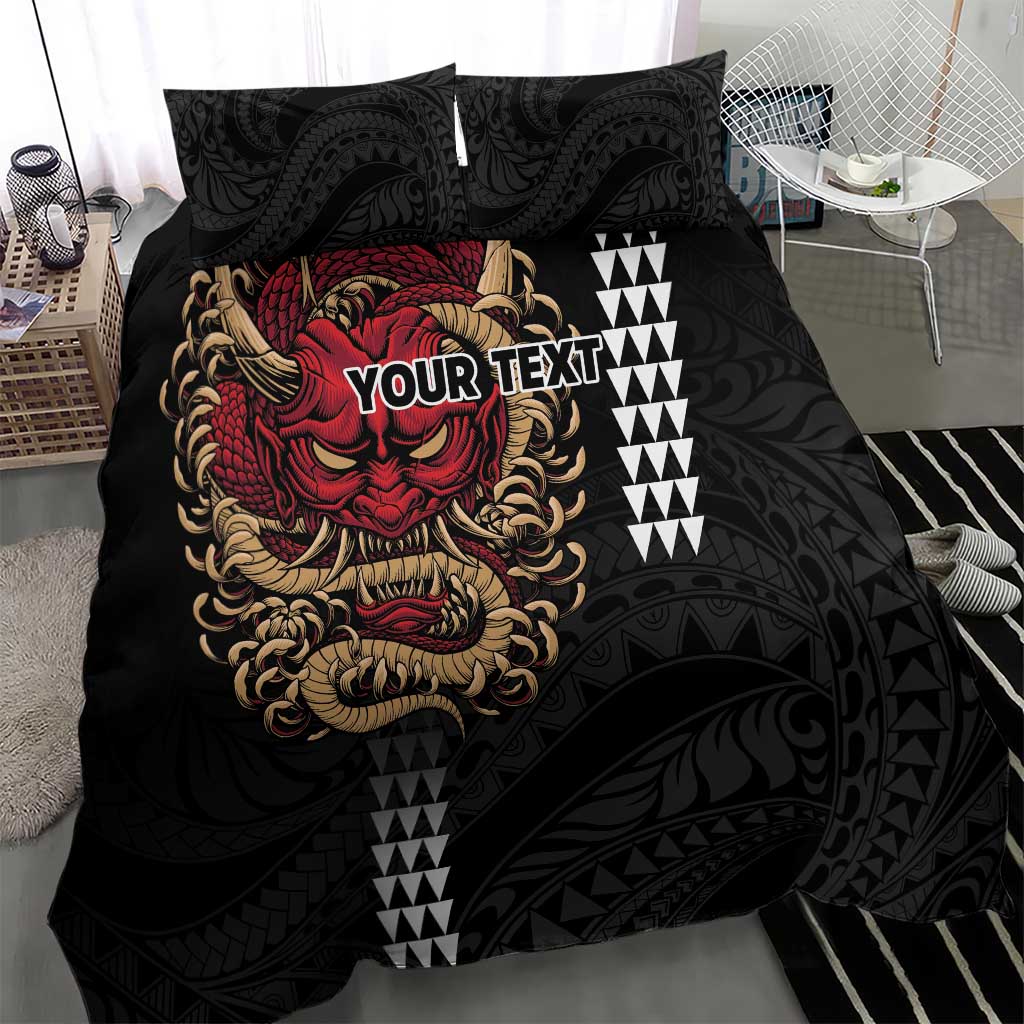 Hawaii and Japanese Oni Mask Personalised Bedding Set Kakau Pattern Dark Art Style