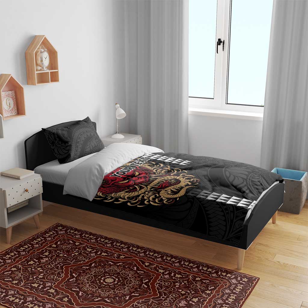 Hawaii and Japanese Oni Mask Personalised Bedding Set Kakau Pattern Dark Art Style