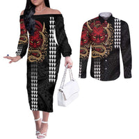Hawaii and Japanese Oni Mask Personalised Couples Matching Off The Shoulder Long Sleeve Dress and Long Sleeve Button Shirt Kakau Pattern Dark Art Style