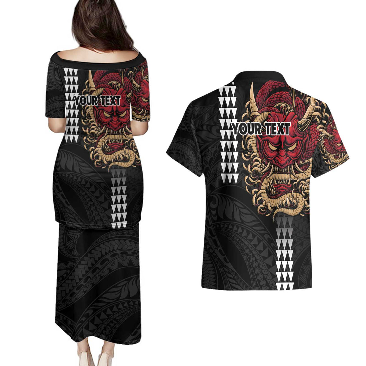 Hawaii and Japanese Oni Mask Personalised Couples Matching Puletasi and Hawaiian Shirt Kakau Pattern Dark Art Style