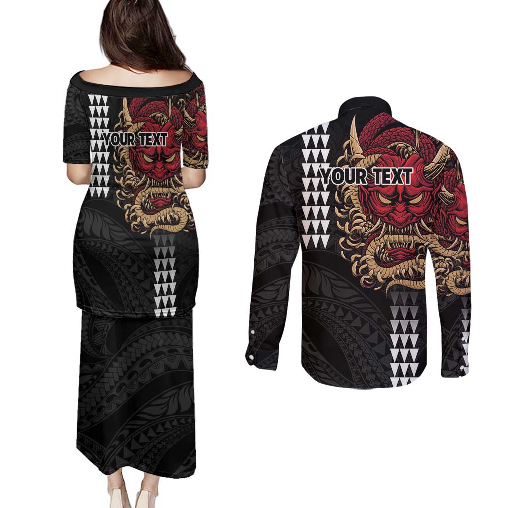 Hawaii and Japanese Oni Mask Personalised Couples Matching Puletasi and Long Sleeve Button Shirt Kakau Pattern Dark Art Style
