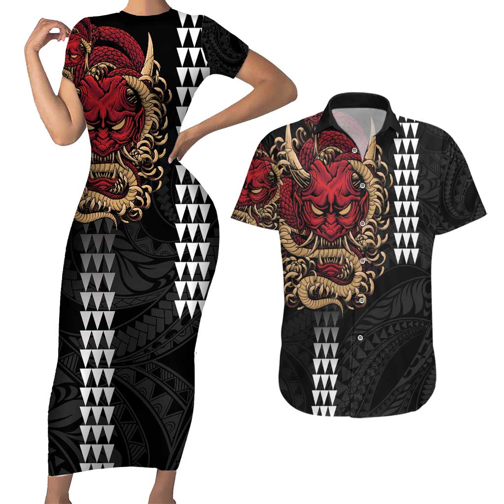 Hawaii and Japanese Oni Mask Personalised Couples Matching Short Sleeve Bodycon Dress and Hawaiian Shirt Kakau Pattern Dark Art Style