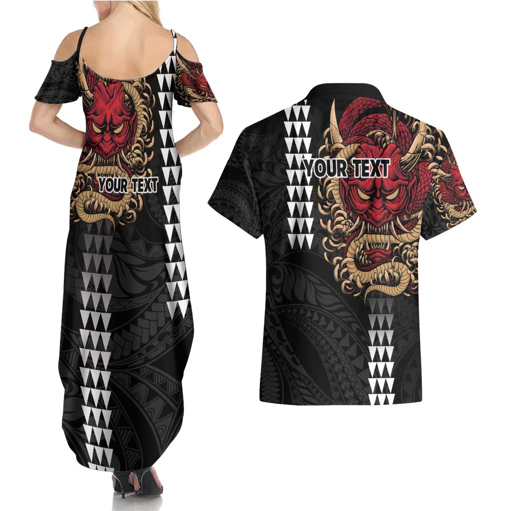 Hawaii and Japanese Oni Mask Personalised Couples Matching Summer Maxi Dress and Hawaiian Shirt Kakau Pattern Dark Art Style