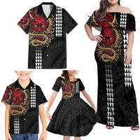 Hawaii and Japanese Oni Mask Personalised Family Matching Off Shoulder Maxi Dress and Hawaiian Shirt Kakau Pattern Dark Art Style