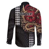 Hawaii and Japanese Oni Mask Personalised Family Matching Off Shoulder Maxi Dress and Hawaiian Shirt Kakau Pattern Dark Art Style