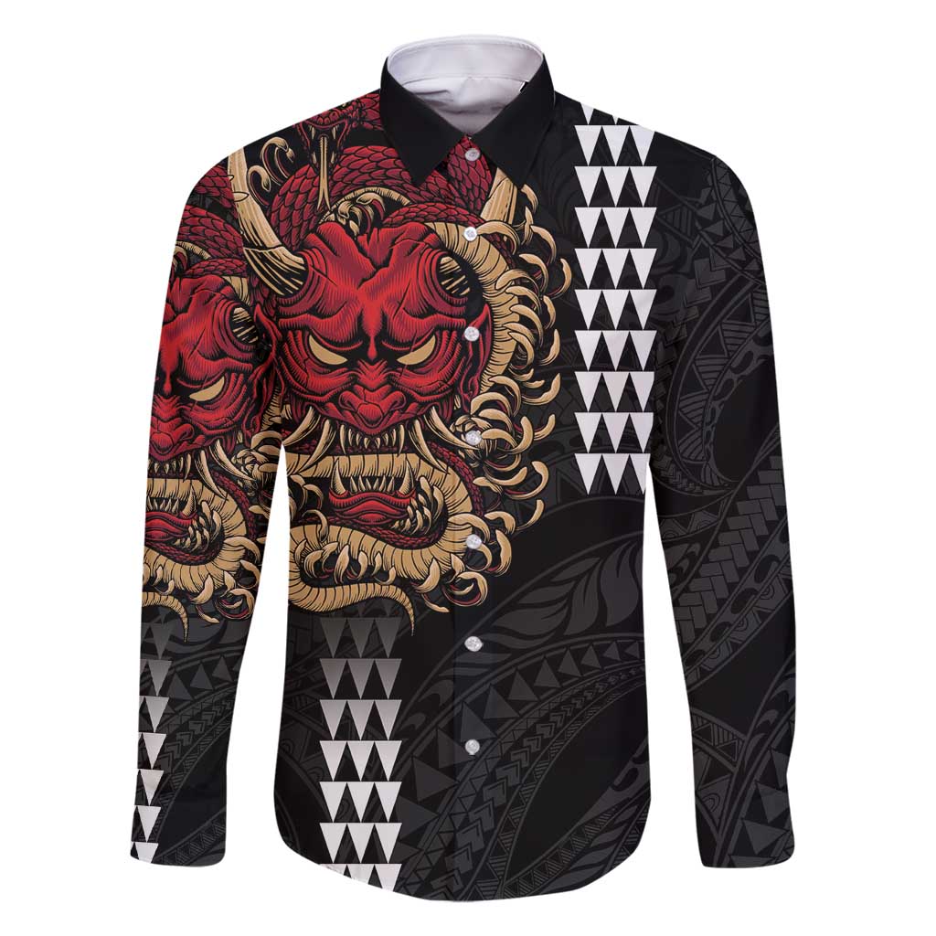 Hawaii and Japanese Oni Mask Personalised Family Matching Off Shoulder Short Dress and Hawaiian Shirt Kakau Pattern Dark Art Style