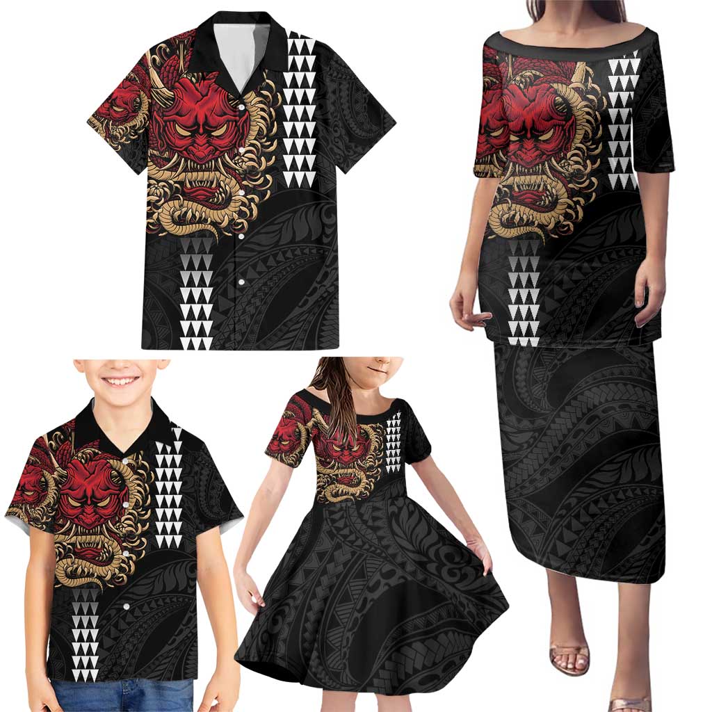 Hawaii and Japanese Oni Mask Personalised Family Matching Puletasi and Hawaiian Shirt Kakau Pattern Dark Art Style