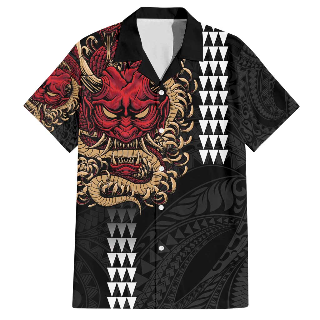 Hawaii and Japanese Oni Mask Personalised Family Matching Puletasi and Hawaiian Shirt Kakau Pattern Dark Art Style