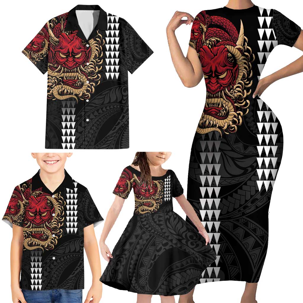 Hawaii and Japanese Oni Mask Personalised Family Matching Short Sleeve Bodycon Dress and Hawaiian Shirt Kakau Pattern Dark Art Style