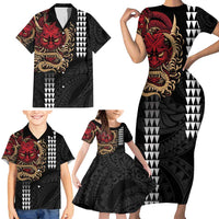 Hawaii and Japanese Oni Mask Personalised Family Matching Short Sleeve Bodycon Dress and Hawaiian Shirt Kakau Pattern Dark Art Style