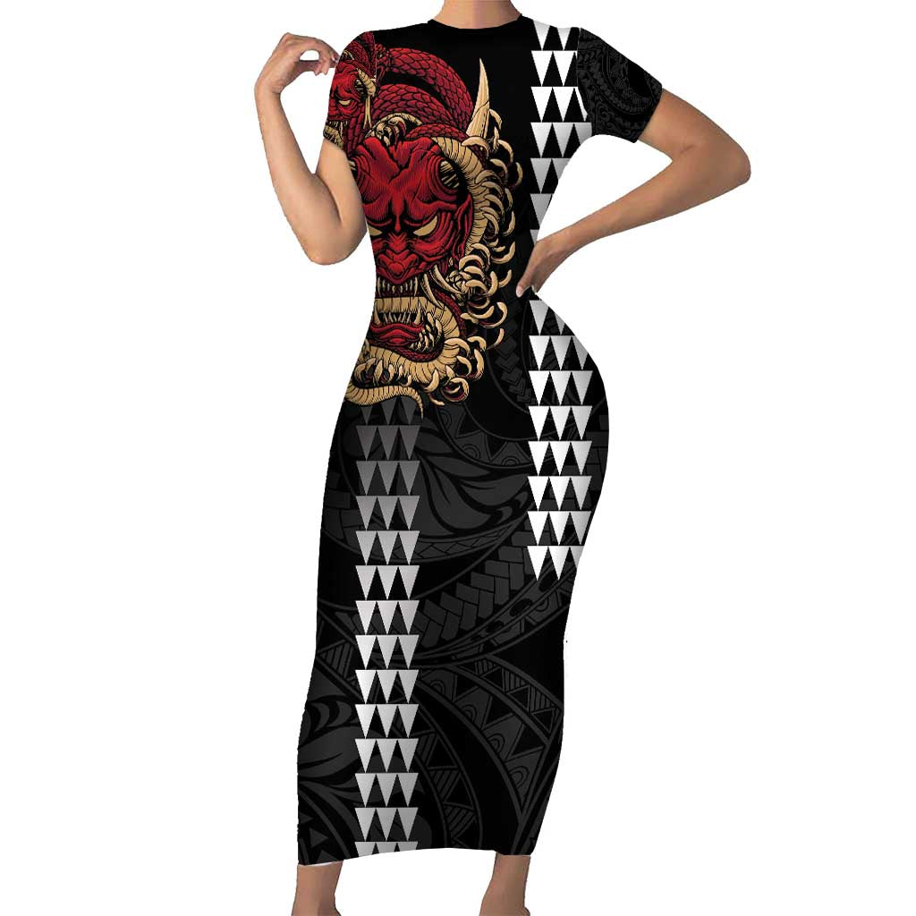 Hawaii and Japanese Oni Mask Personalised Family Matching Short Sleeve Bodycon Dress and Hawaiian Shirt Kakau Pattern Dark Art Style