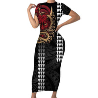 Hawaii and Japanese Oni Mask Personalised Family Matching Short Sleeve Bodycon Dress and Hawaiian Shirt Kakau Pattern Dark Art Style