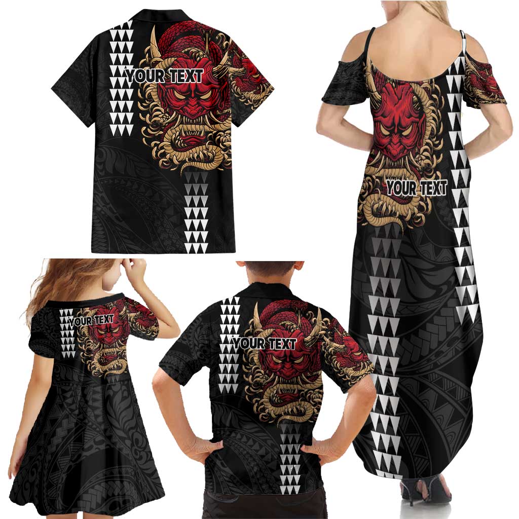 Hawaii and Japanese Oni Mask Personalised Family Matching Summer Maxi Dress and Hawaiian Shirt Kakau Pattern Dark Art Style
