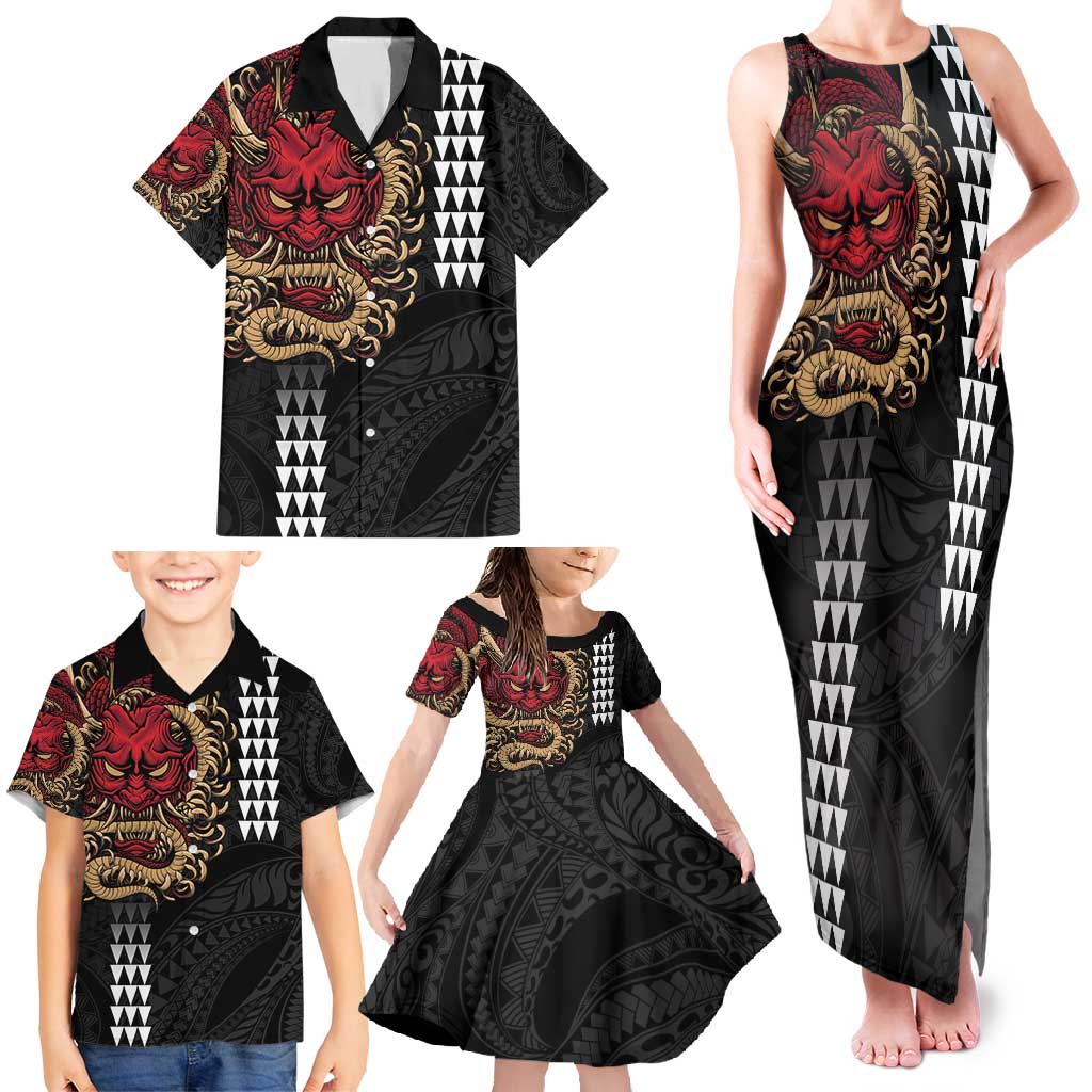 Hawaii and Japanese Oni Mask Personalised Family Matching Tank Maxi Dress and Hawaiian Shirt Kakau Pattern Dark Art Style