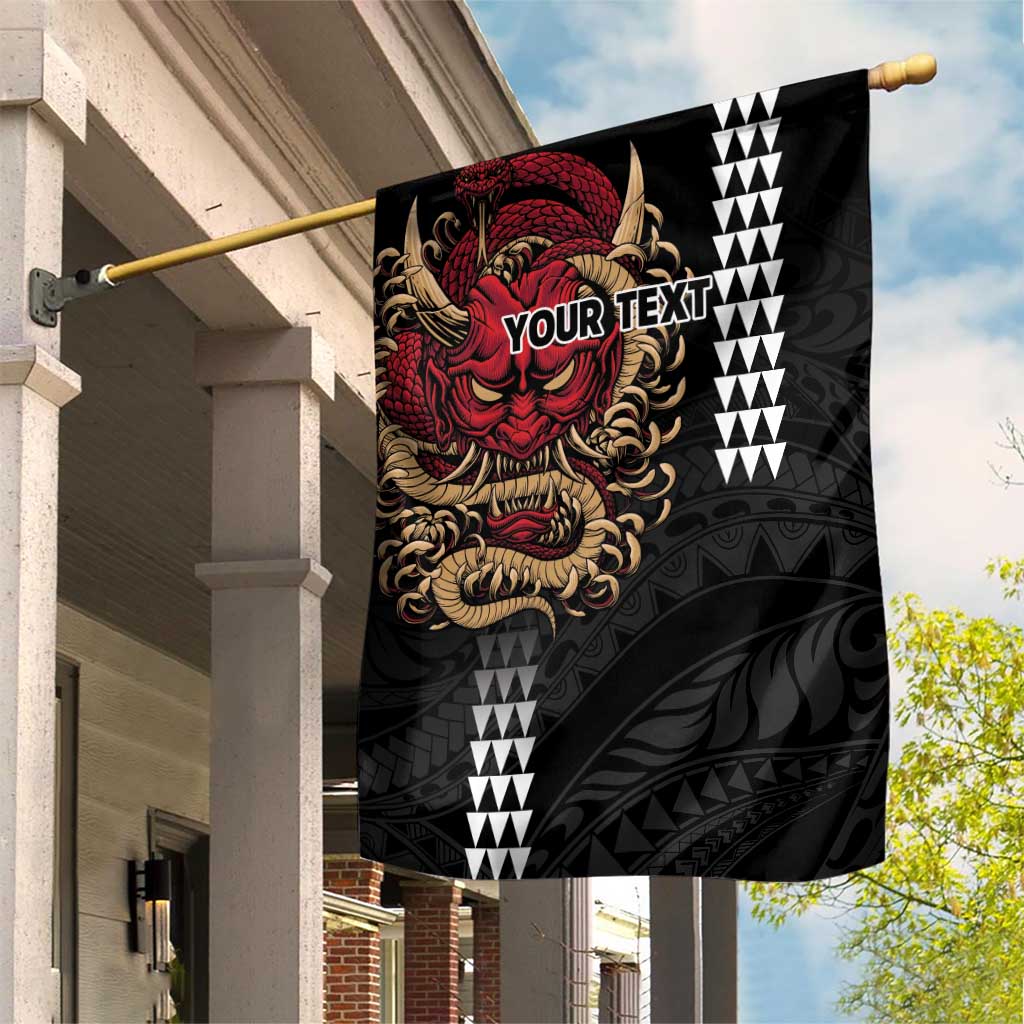 Hawaii and Japanese Oni Mask Personalised Garden Flag Kakau Pattern Dark Art Style