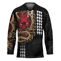 Hawaii and Japanese Oni Mask Personalised Hockey Jersey Kakau Pattern Dark Art Style - Polynesian Pride
