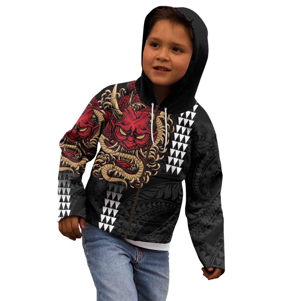 Hawaii and Japanese Oni Mask Personalised Kid Hoodie Kakau Pattern Dark Art Style