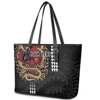 Hawaii and Japanese Oni Mask Personalised Leather Tote Bag Kakau Pattern Dark Art Style