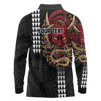 Hawaii and Japanese Oni Mask Personalised Long Sleeve Polo Shirt Kakau Pattern Dark Art Style