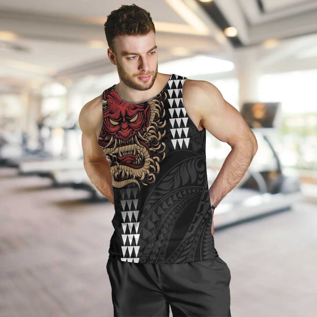 Hawaii and Japanese Oni Mask Personalised Men Tank Top Kakau Pattern Dark Art Style