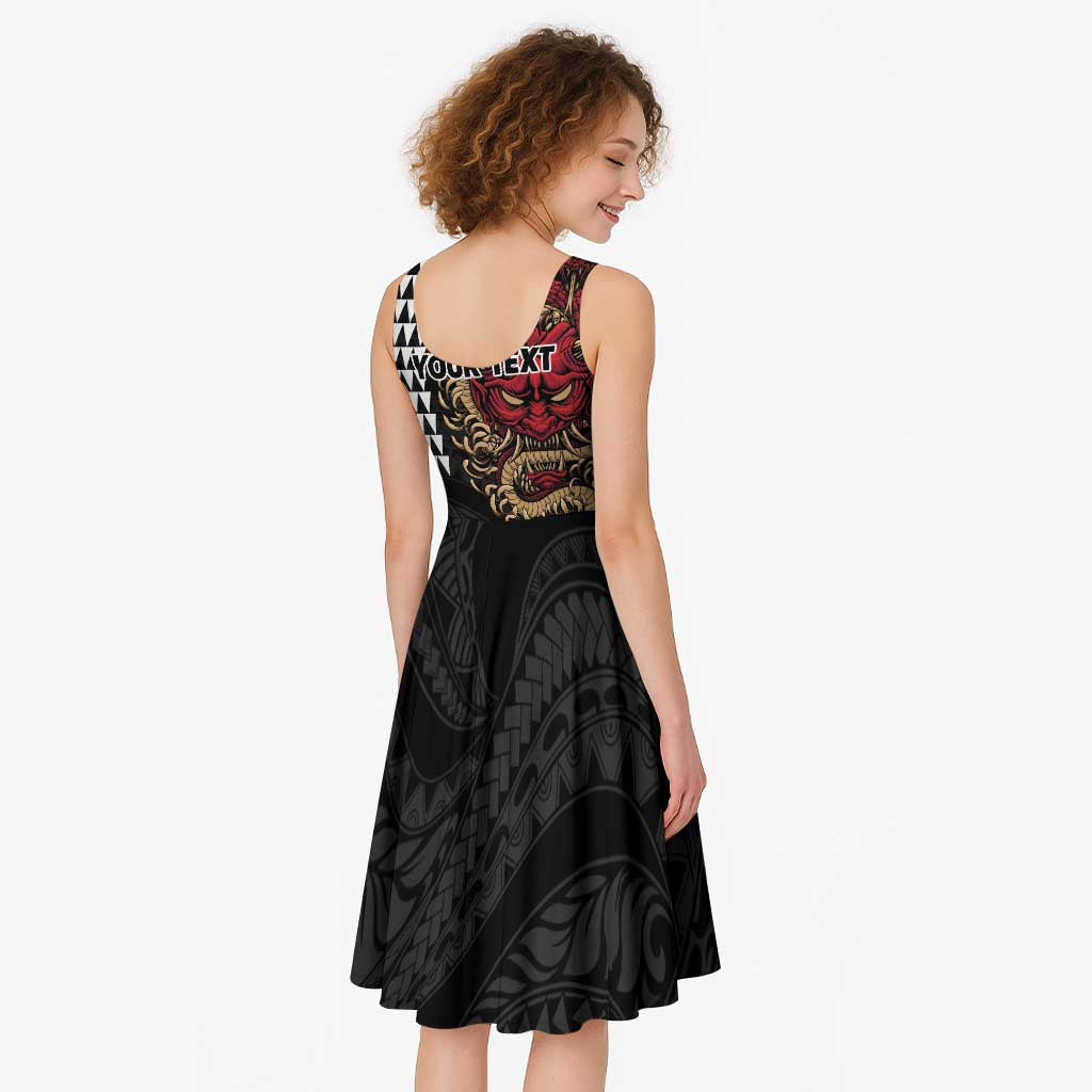 Hawaii and Japanese Oni Mask Personalised Midi Dress Kakau Pattern Dark Art Style - Polynesian Pride
