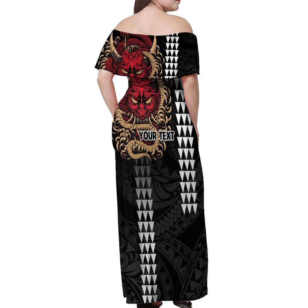 Hawaii and Japanese Oni Mask Personalised Off Shoulder Maxi Dress Kakau Pattern Dark Art Style