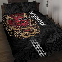 Hawaii and Japanese Oni Mask Personalised Quilt Bed Set Kakau Pattern Dark Art Style