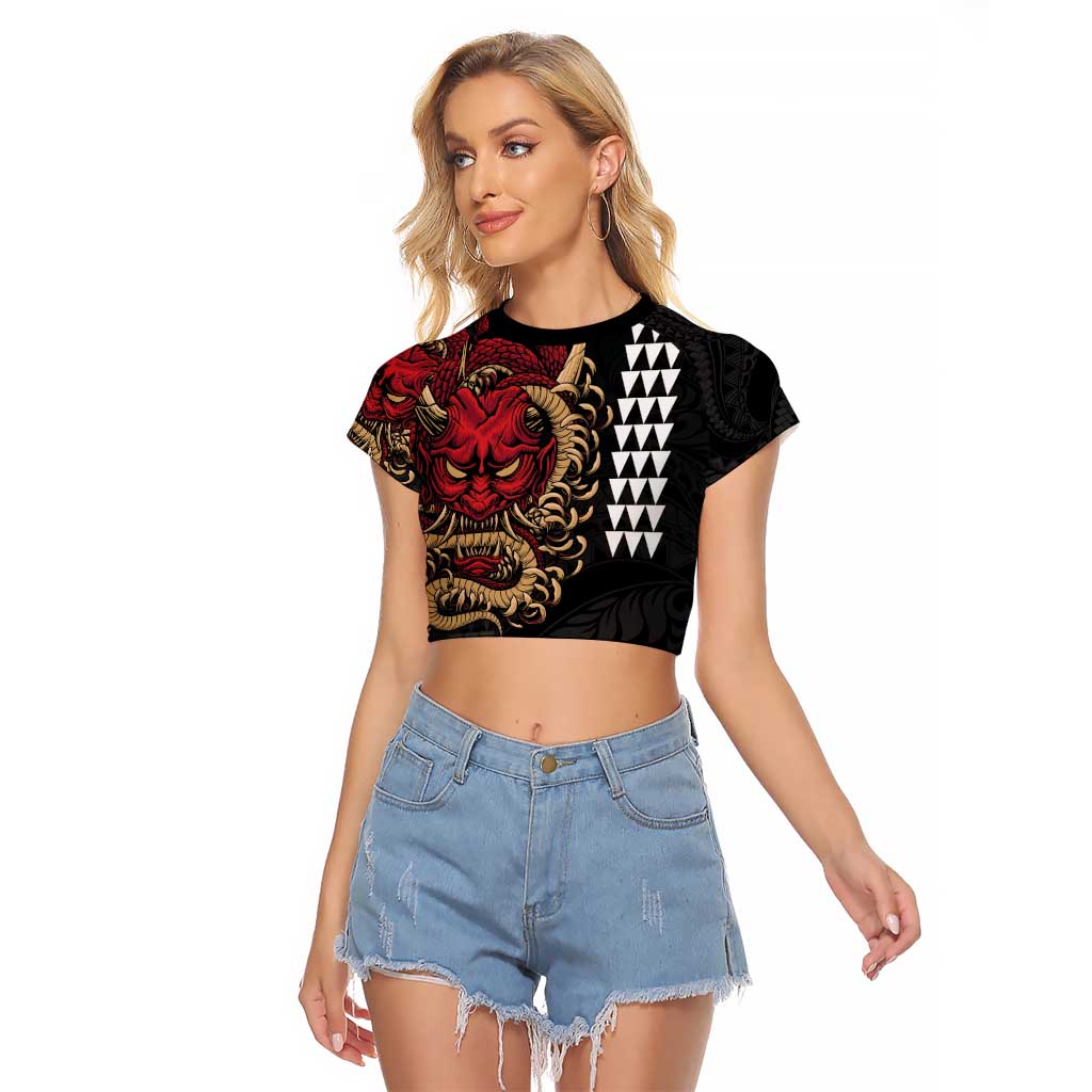 Hawaii and Japanese Oni Mask Personalised Raglan Cropped T Shirt Kakau Pattern Dark Art Style