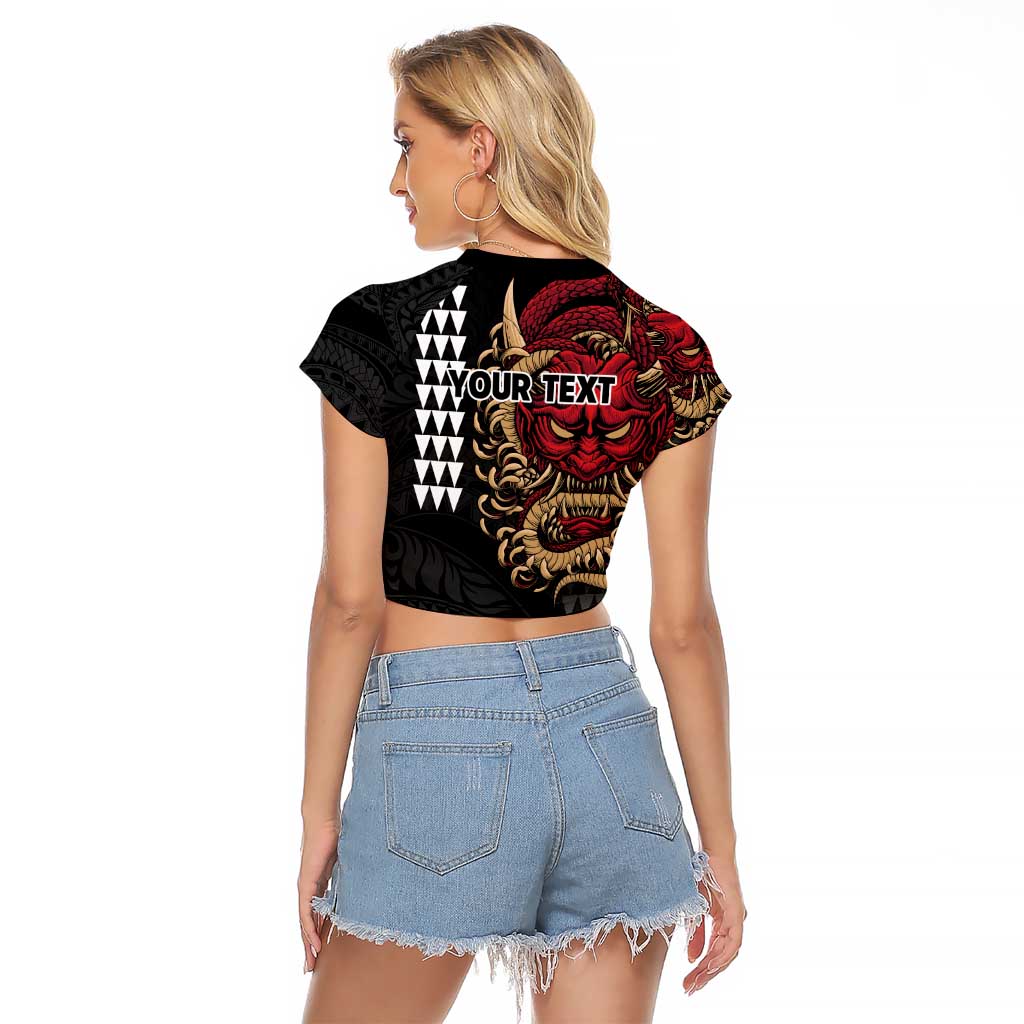 Hawaii and Japanese Oni Mask Personalised Raglan Cropped T Shirt Kakau Pattern Dark Art Style