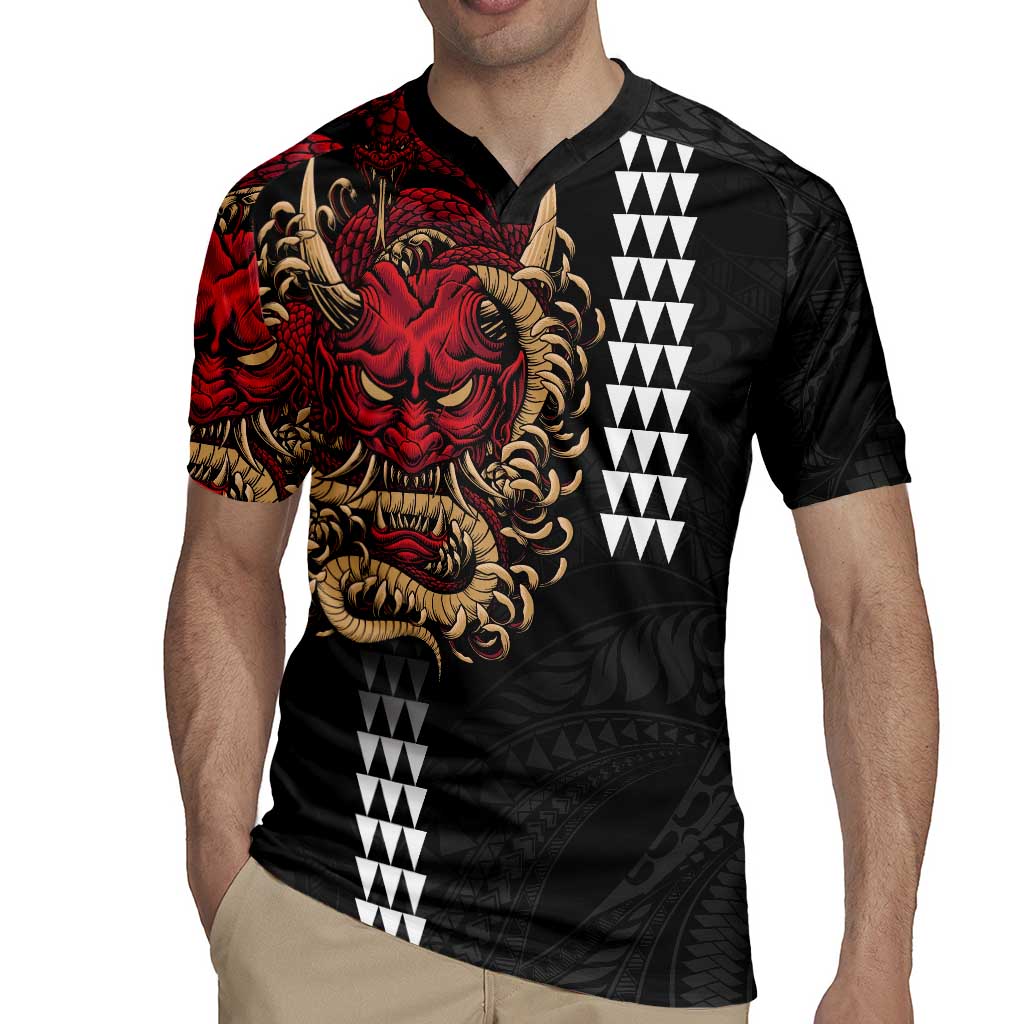Hawaii and Japanese Oni Mask Personalised Rugby Jersey Kakau Pattern Dark Art Style