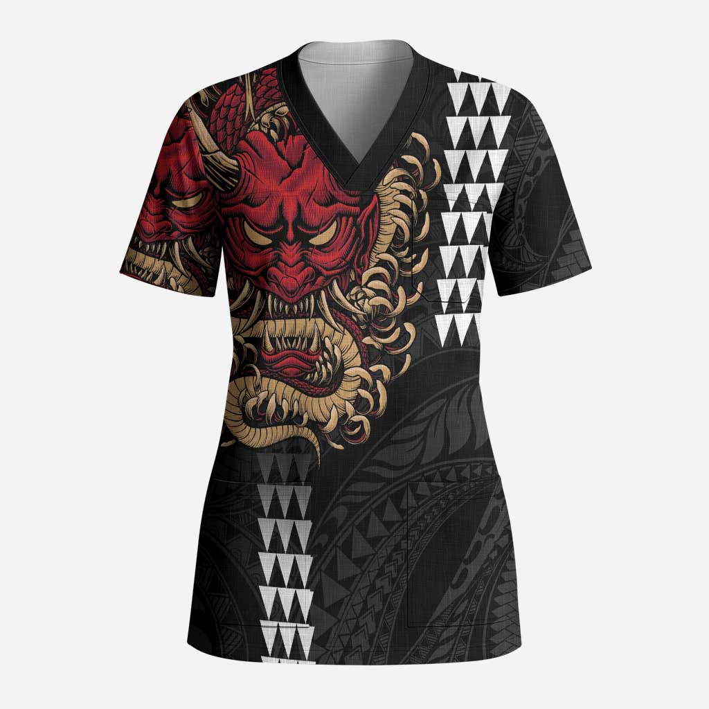 Hawaii and Japanese Oni Mask Personalised Scrub Top Kakau Pattern Dark Art Style - Polynesian Pride