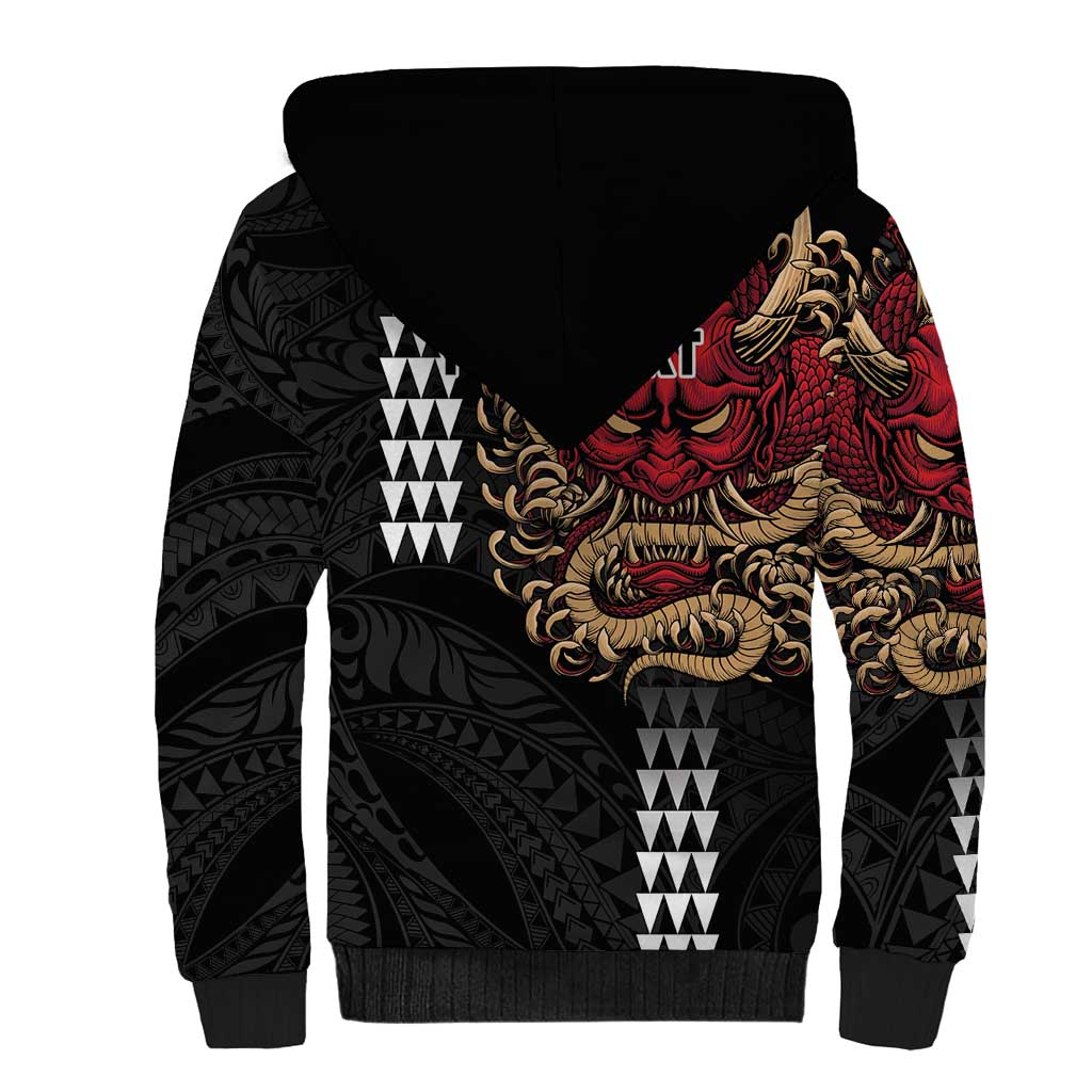 Hawaii and Japanese Oni Mask Personalised Sherpa Hoodie Kakau Pattern Dark Art Style