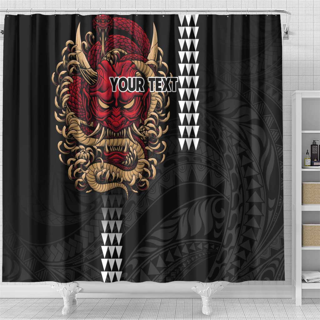 Hawaii and Japanese Oni Mask Personalised Shower Curtain Kakau Pattern Dark Art Style