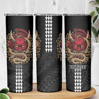 Hawaii and Japanese Oni Mask Personalised Skinny Tumbler Kakau Pattern Dark Art Style