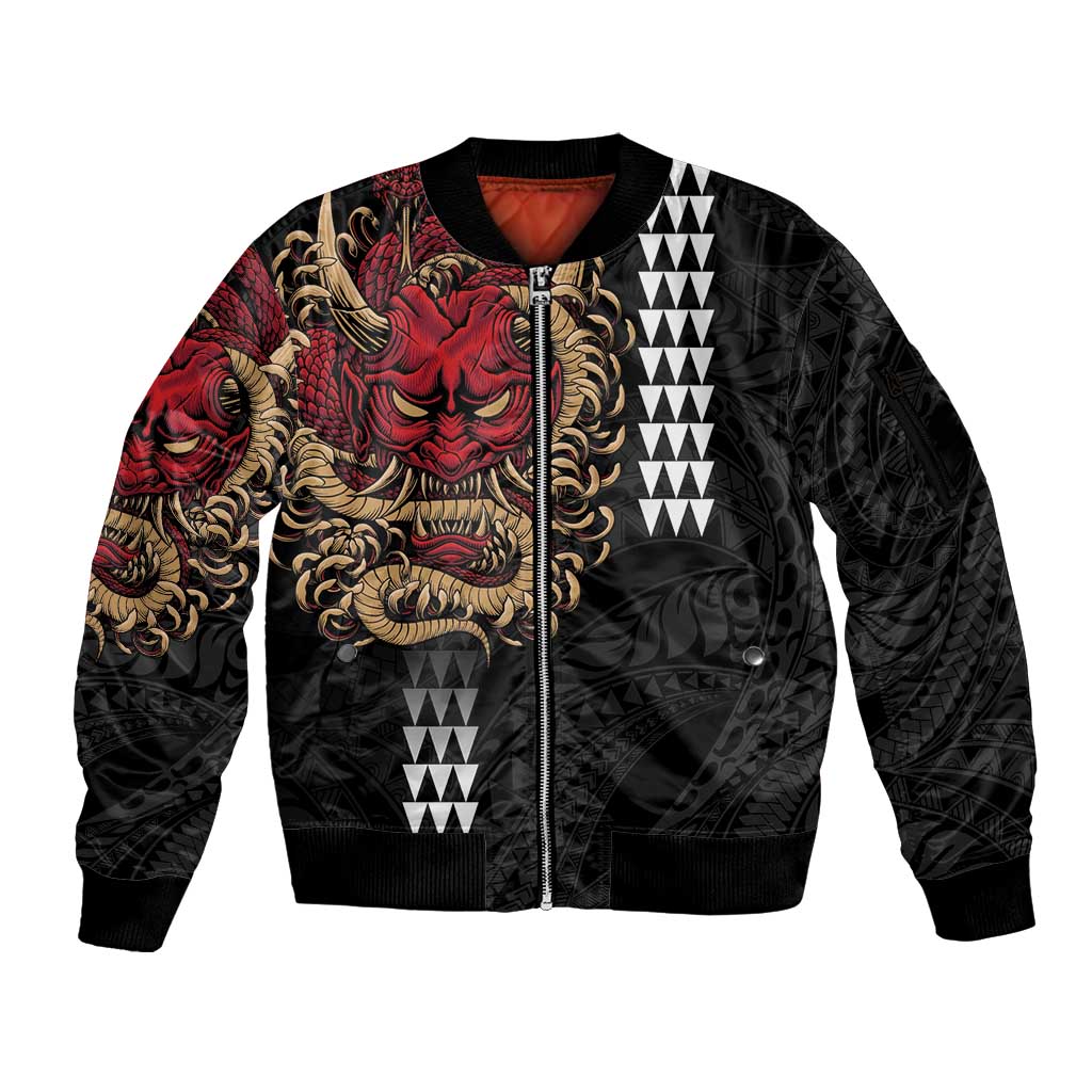 Hawaii and Japanese Oni Mask Personalised Sleeve Zip Bomber Jacket Kakau Pattern Dark Art Style