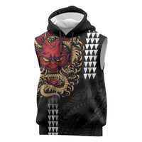 Hawaii and Japanese Oni Mask Personalised Sleeveless Hoodie Kakau Pattern Dark Art Style LT9 Black - Polynesian Pride