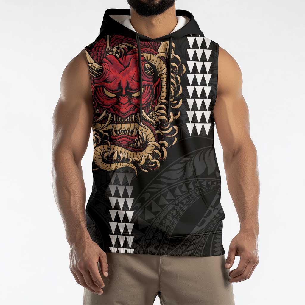 Hawaii and Japanese Oni Mask Personalised Sleeveless Hoodie Kakau Pattern Dark Art Style LT9 - Polynesian Pride