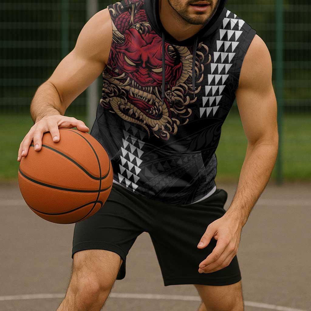 Hawaii and Japanese Oni Mask Personalised Sleeveless Hoodie Kakau Pattern Dark Art Style LT9 - Polynesian Pride