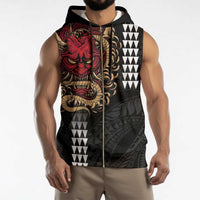 Hawaii and Japanese Oni Mask Personalised Sleeveless Zip Hoodie Kakau Pattern Dark Art Style - Polynesian Pride