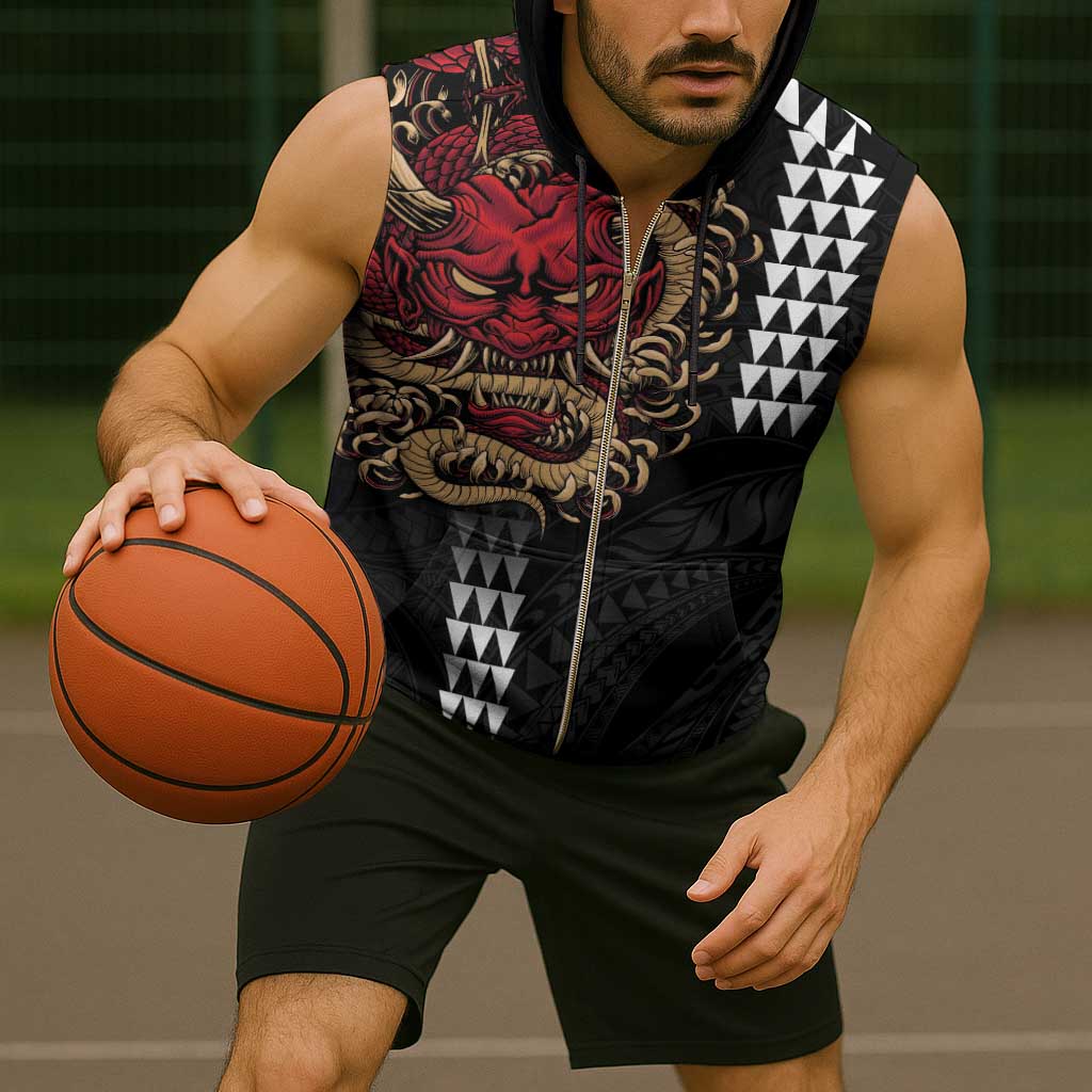 Hawaii and Japanese Oni Mask Personalised Sleeveless Zip Hoodie Kakau Pattern Dark Art Style - Polynesian Pride