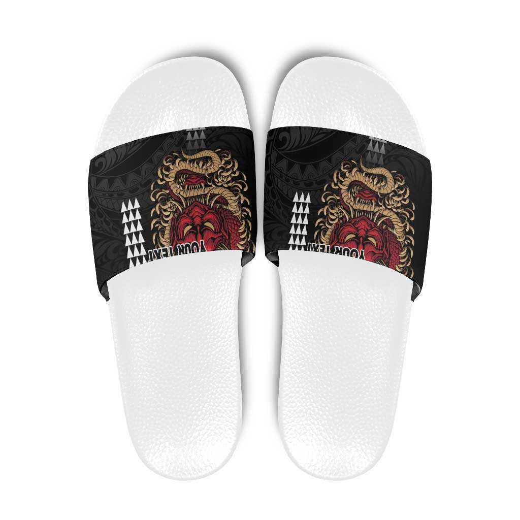 Hawaii and Japanese Oni Mask Personalised Slide Sandals Kakau Pattern Dark Art Style - Polynesian Pride