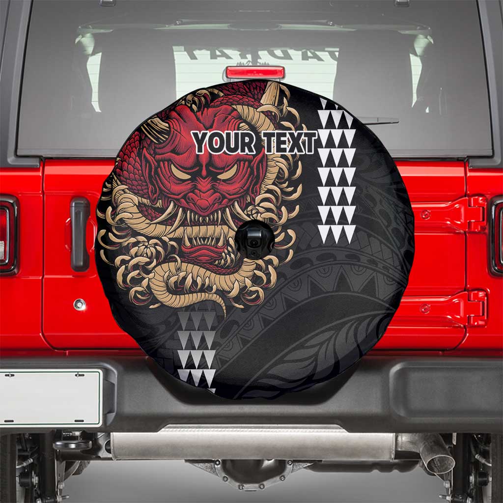 Hawaii and Japanese Oni Mask Personalised Spare Tire Cover Kakau Pattern Dark Art Style