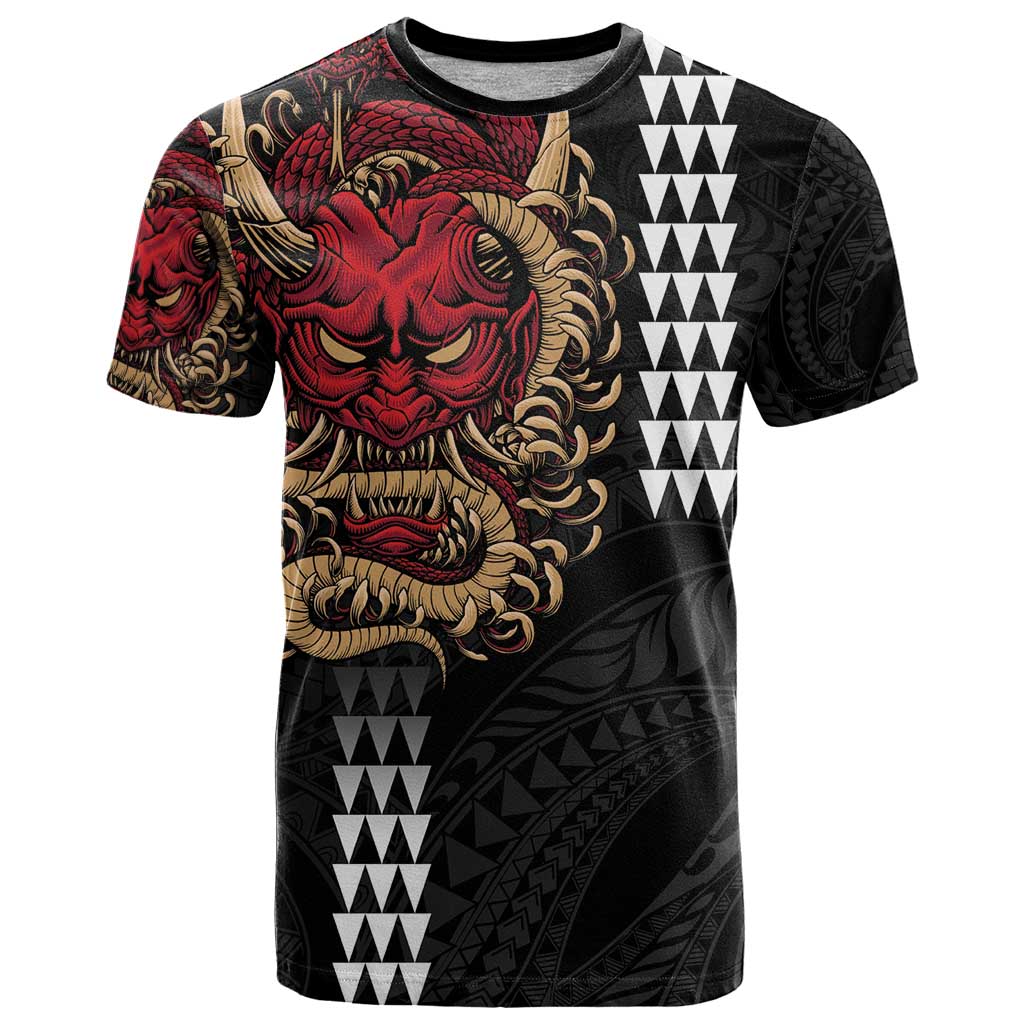 Hawaii and Japanese Oni Mask Personalised T Shirt Kakau Pattern Dark Art Style