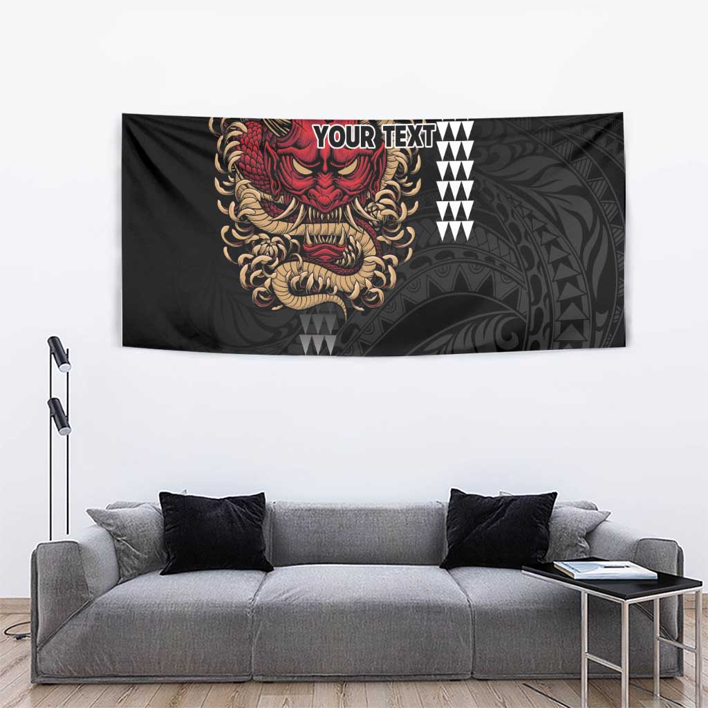 Hawaii and Japanese Oni Mask Personalised Tapestry Kakau Pattern Dark Art Style