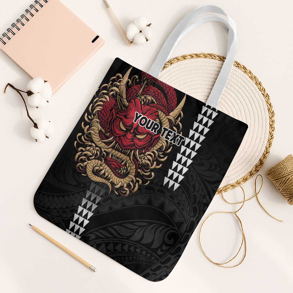 Hawaii and Japanese Oni Mask Personalised Tote Bag Kakau Pattern Dark Art Style - Polynesian Pride
