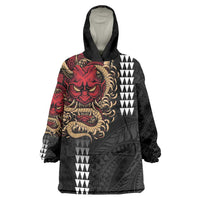Hawaii and Japanese Oni Mask Personalised Wearable Blanket Hoodie Kakau Pattern Dark Art Style