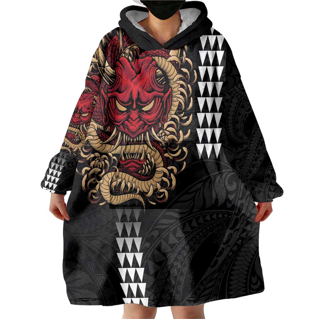 Hawaii and Japanese Oni Mask Personalised Wearable Blanket Hoodie Kakau Pattern Dark Art Style
